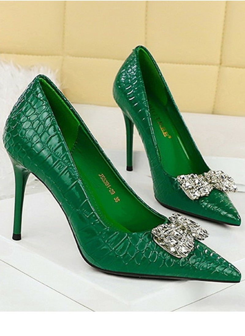 BIGTREE Women's Patent Leather Closed Pointed Toe Stiletto Pump Rhinestone Bowknot Decoration High Heels Green 10CM  - Image 2