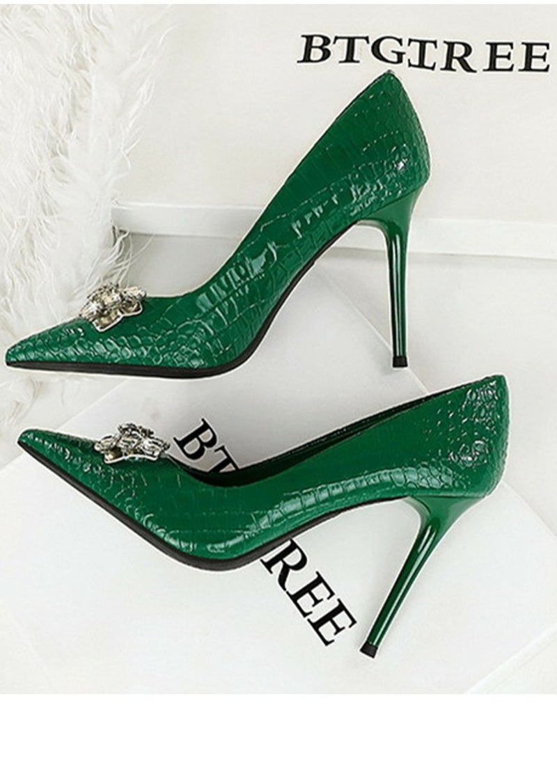 BIGTREE Women's Patent Leather Closed Pointed Toe Stiletto Pump Rhinestone Bowknot Decoration High Heels Green 10CM  - Image 3