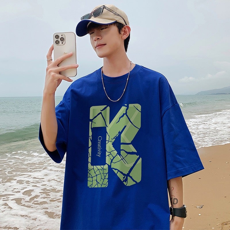 Summer Trendy New Fashion Brand Ins Trendy Half-Sleeve Letter Lazy T-Shirt Round Neck Youth Popular Men'S Casual - Image 5