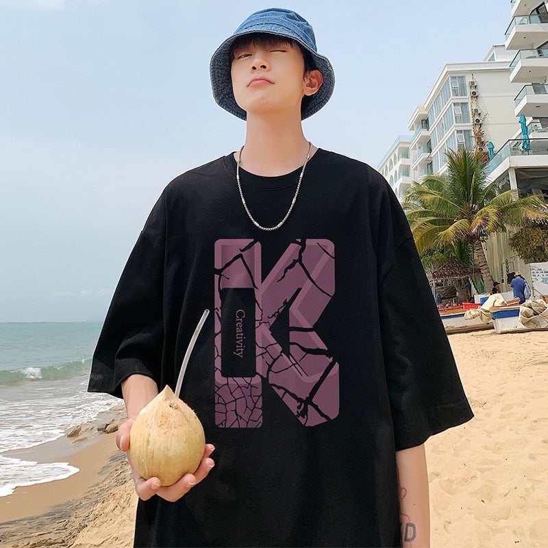 Summer Trendy New Fashion Brand Ins Trendy Half-Sleeve Letter Lazy T-Shirt Round Neck Youth Popular Men'S Casual - Image 2
