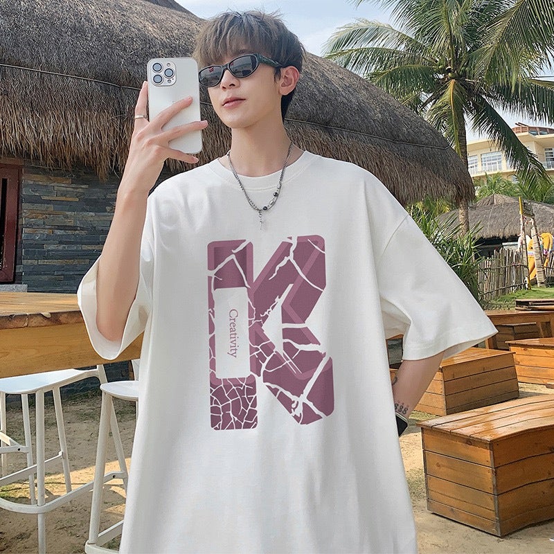 Summer Trendy New Fashion Brand Ins Trendy Half-Sleeve Letter Lazy T-Shirt Round Neck Youth Popular Men'S Casual - Image 1