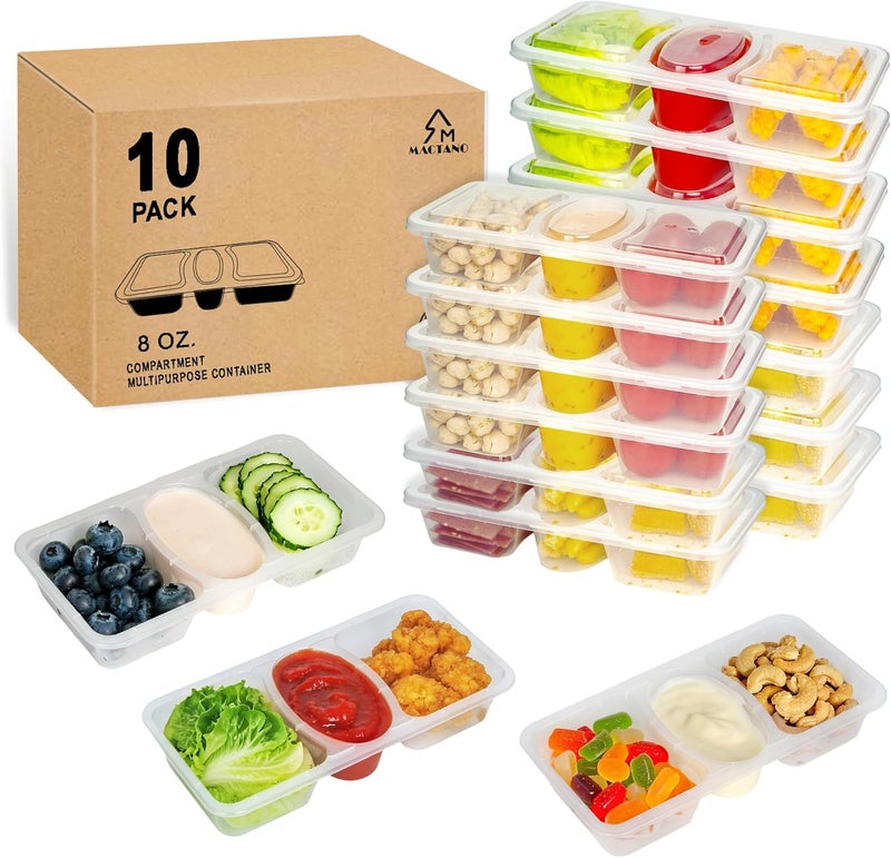 MACTANO 8 OZ Reusable Snack Containers with Lids, New 3 Compartment Condiment Snack Pack Containers 10 Sets - Image 1