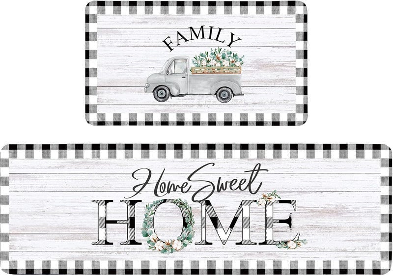Riakrum 2 Pieces Non Slip Kitchen Mat for Floor Farmhouse Kitchen Rugs and Mats Gray Black White Checkered Rug Cushioned Comfort Standing Mats for Indoor 16 x 28 and 16 x 47 Inch - Image 1