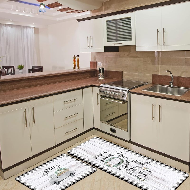 Riakrum 2 Pieces Non Slip Kitchen Mat for Floor Farmhouse Kitchen Rugs and Mats Gray Black White Checkered Rug Cushioned Comfort Standing Mats for Indoor 16 x 28 and 16 x 47 Inch - Image 4