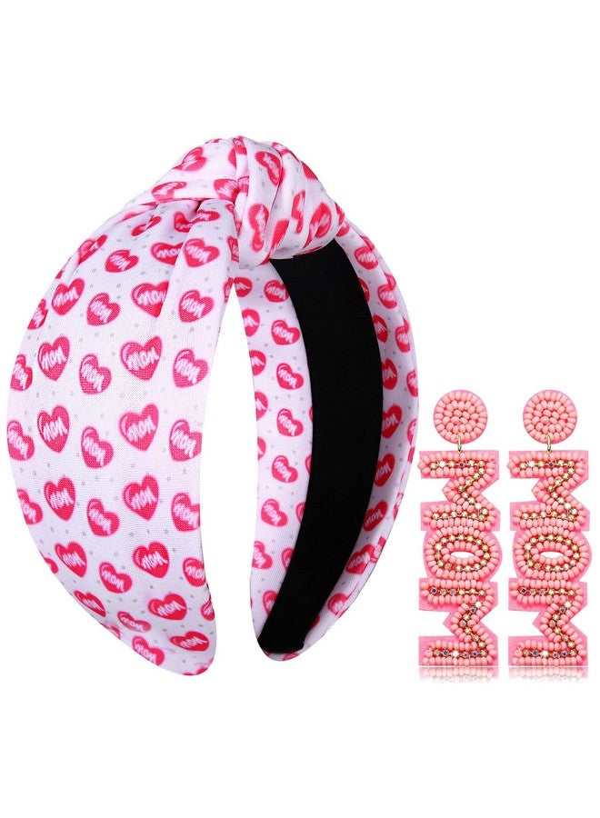 PHALIN Mother'S Day Headband For Women Mama Mom Knotted Headband White Pink Flower Heart Wide Top Knot Headband Mother'S Day Hair Accessory Mom Birthday Party Jewelry Gifts (Mom 1) - Image 1