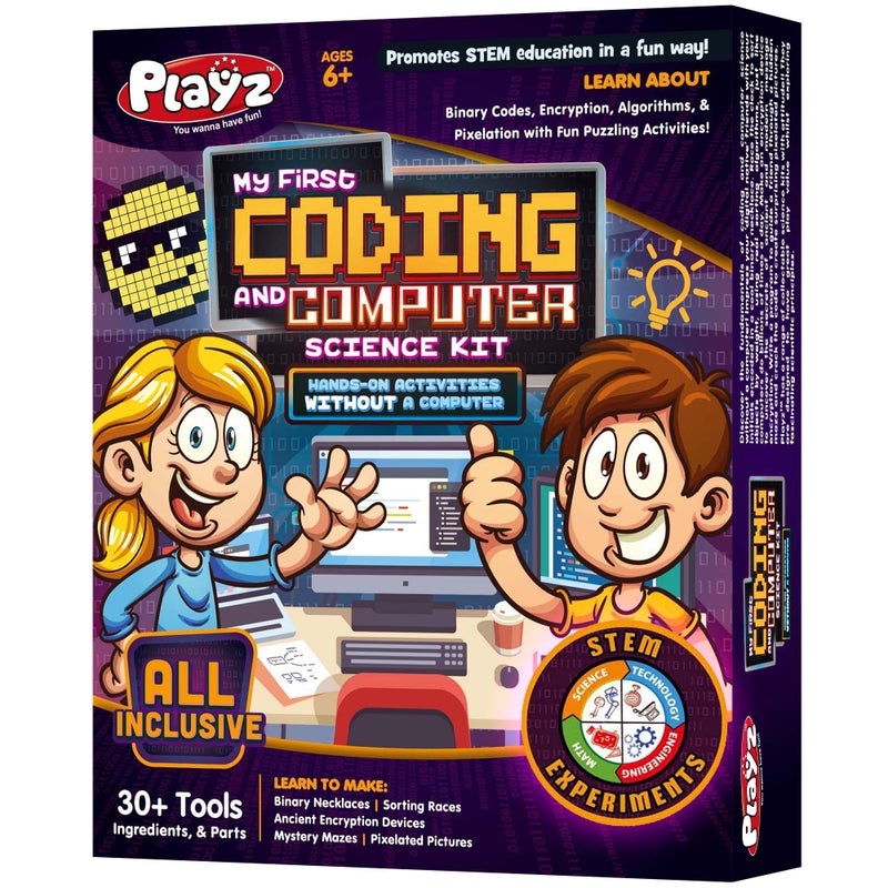 Playz Playz My First Coding & Computer Science Kit - Learn About Binary Codes, Encryption, Algorithms & Pixelation Through Fun Puzzling Activities Without Using a Computer for Boys, Girls, Teenagers, Kids  - Image 1