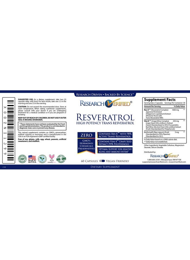 research verified - Research Verified Resveratrol - 98% Trans-Resveratrol 1000 mg, Anti-Aging Support - 1 Bottle - 60 Capsules - Image 1