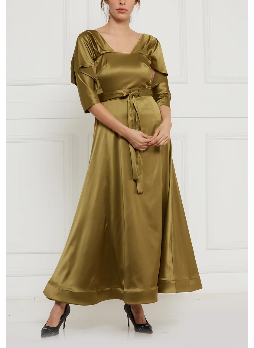 Amri Satin Long Dress With Sqaure Neckline and Long Sleeves