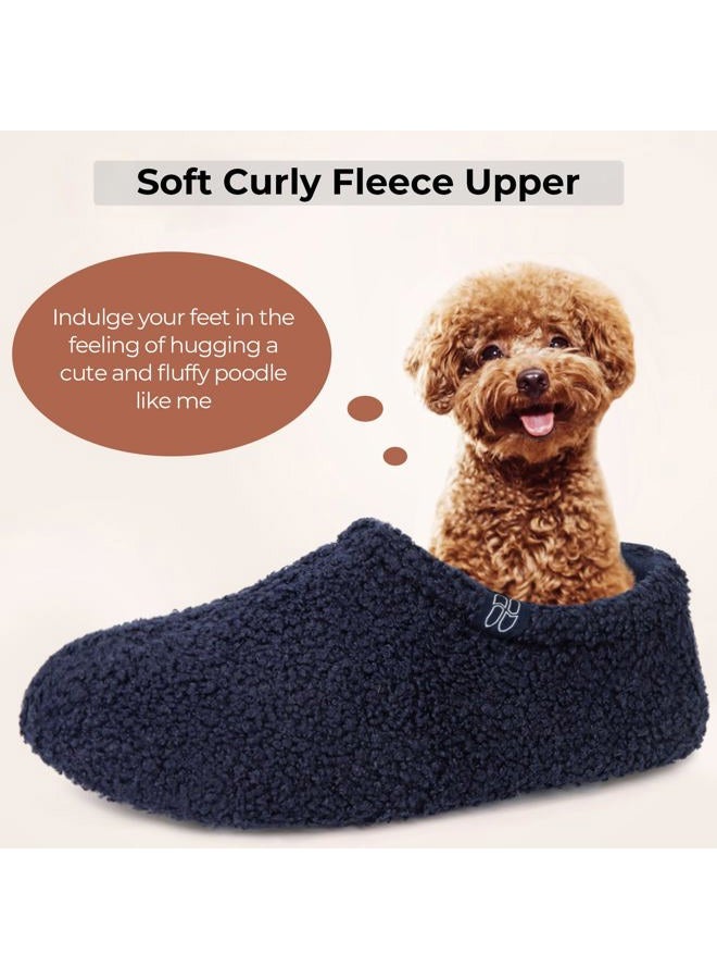 HomeTop Women's Fuzzy Curly Fur Memory Foam Loafer Slippers Bedroom House Shoes with Polar Fleece Lining (7-8 US,Navy)  - Image 3
