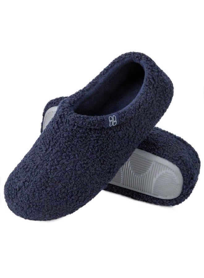 HomeTop Women's Fuzzy Curly Fur Memory Foam Loafer Slippers Bedroom House Shoes with Polar Fleece Lining (7-8 US,Navy)  - Image 1
