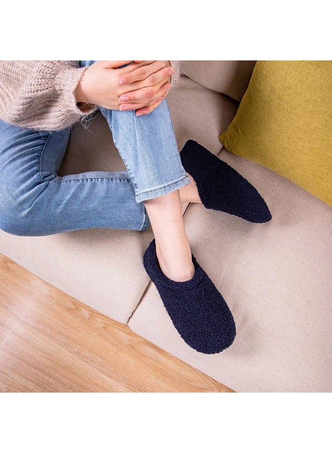 HomeTop Women's Fuzzy Curly Fur Memory Foam Loafer Slippers Bedroom House Shoes with Polar Fleece Lining (7-8 US,Navy)  - Image 2