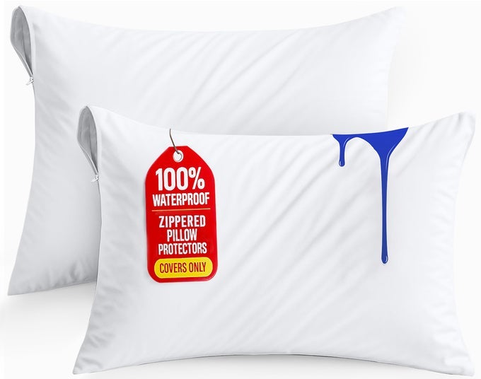 SET OF 2 WATERPROOF PILLOW PROTECTORS WITH ZIPPER QUEEN SIZE WHITE ULTRA SOFT PILLOW COVERS BED BUG AND DUST MITE PROOF PILLOW ENCASEMENTS MOISTURE WICKING PILLOW CASES