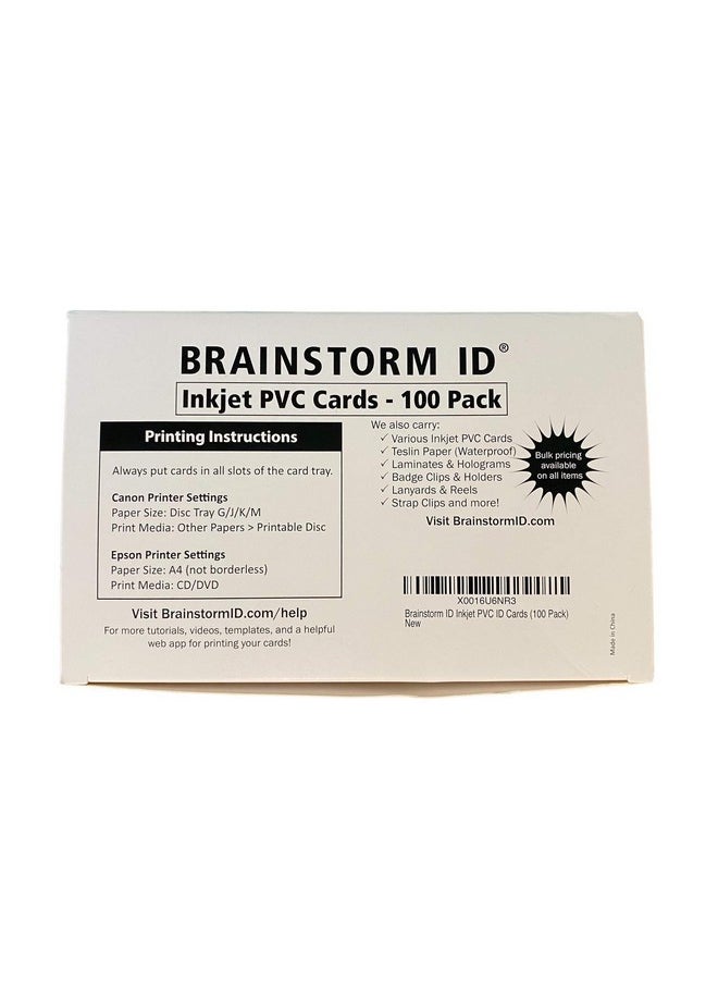 Brainstorm ID - Inkjet Pvc Cards (100 Pack) Inkjet Printable Pvc Id Cards With Brainstorm Id'S Enhanced Ink Receptive Coating Waterproof And Double Sided Printing Works With Epson And Canon Inkjet Printers - Image 1