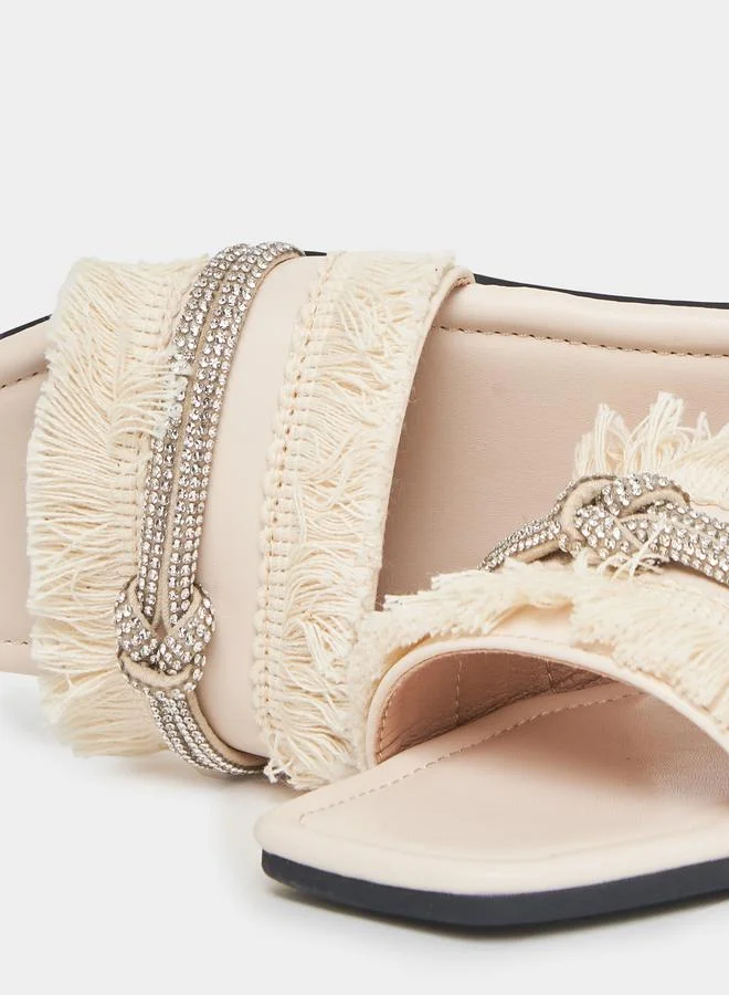 Styli Embellished Fringe Detail Flat Sandals