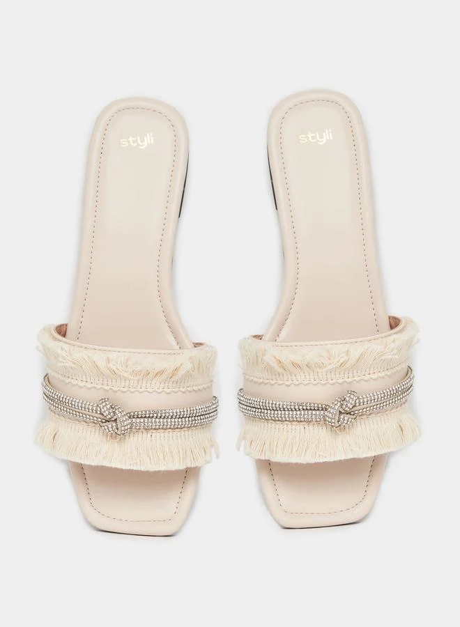 Styli Embellished Fringe Detail Flat Sandals