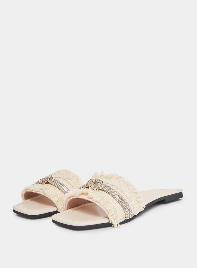 Styli Embellished Fringe Detail Flat Sandals