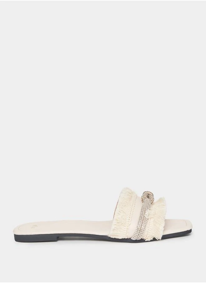 Styli Embellished Fringe Detail Flat Sandals