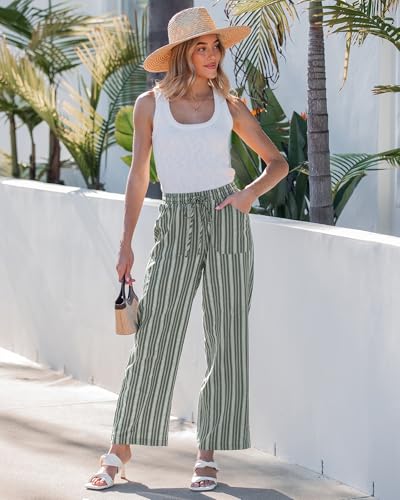 GRAPENT Linen Pants Women Summer High Waisted Wide Leg for Waist Beach Outfits Womens Striped Cotton Linen Pants, Army Green Stripe, XL, US Size 16 to 18 - Image 5