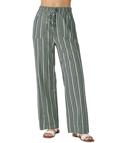 GRAPENT Linen Pants Women Summer High Waisted Wide Leg for Waist Beach Outfits Womens Striped Cotton Linen Pants, Army Green Stripe, XL, US Size 16 to 18 - Image 1