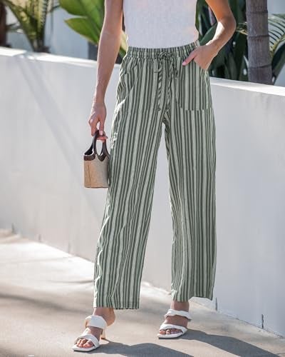 GRAPENT Linen Pants Women Summer High Waisted Wide Leg for Waist Beach Outfits Womens Striped Cotton Linen Pants, Army Green Stripe, XL, US Size 16 to 18 - Image 2
