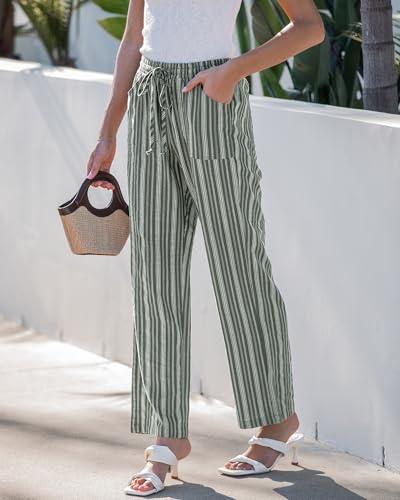 GRAPENT Linen Pants Women Summer High Waisted Wide Leg for Waist Beach Outfits Womens Striped Cotton Linen Pants, Army Green Stripe, XL, US Size 16 to 18 - Image 3