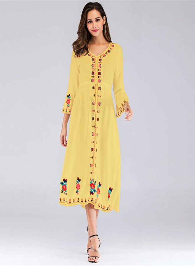 Loquat Women's Embroidered V-neck Lace Up Nine Quarter Sleeve Dress 