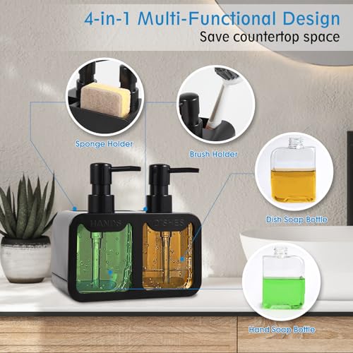 Eavida Kitchen Soap Dispenser Set, with Hand and Dish Soap, Sponge Caddy and Brush Holder 4-in-1 Kitchen Dual Soap Dispenser Set for Kitchen Sink, Bathroom - Black - Image 2