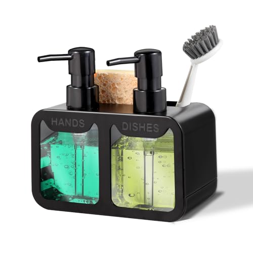 Eavida Kitchen Soap Dispenser Set, with Hand and Dish Soap, Sponge Caddy and Brush Holder 4-in-1 Kitchen Dual Soap Dispenser Set for Kitchen Sink, Bathroom - Black - Image 1