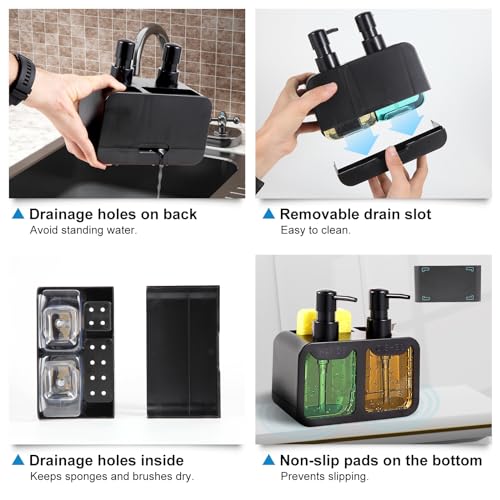 Eavida Kitchen Soap Dispenser Set, with Hand and Dish Soap, Sponge Caddy and Brush Holder 4-in-1 Kitchen Dual Soap Dispenser Set for Kitchen Sink, Bathroom - Black - Image 5