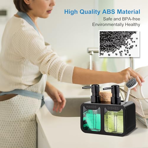 Eavida Kitchen Soap Dispenser Set, with Hand and Dish Soap, Sponge Caddy and Brush Holder 4-in-1 Kitchen Dual Soap Dispenser Set for Kitchen Sink, Bathroom - Black - Image 3