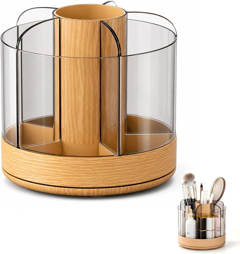 Excefore Brush Holder, Bathroom Countertop Organizer, Rotating Makeup Wooden Brush Cup Holder, Easy to Access, Log Simple Style, For Dresser, Restroom, Makeup,Office Stationery,Pencils,Toothpaste, Toothbrushes - Image 1