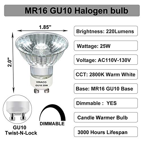 Vinaco GU10 C 120V 25W Bulb Candle Warmer, 6PCS High Output 220LM Halogen GU10 25 Watt Flicker Free, Long Lasting MR16 GU 10 Bulb Dimmable with Warm White 2800K for Candle Warmer Lamp, Track Lighting - Image 3