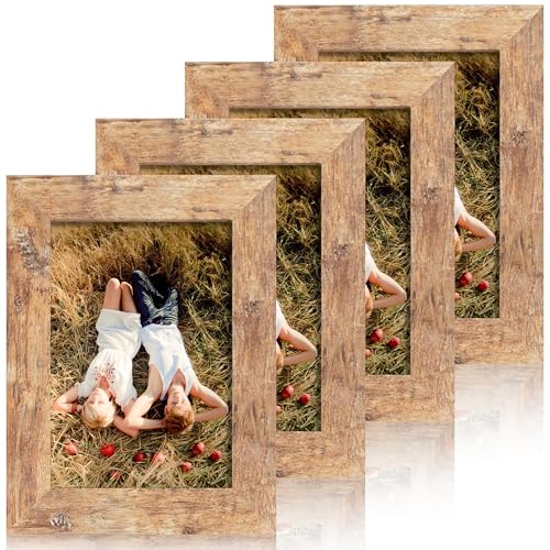 iRahmen 4x6 Picture Frame Set of 4, High Definition Real Glass Rustic Brown Frame, 4 x 6 Wood Photo Frames for Tabletop Display and Wall Mounting - Image 1