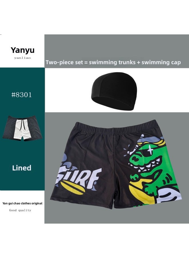 Loquat 2023 Two-piece Suit Men's Swimming Trunks Swimming Cap Summer Beach Beach Swimming Professional Equipment High Elasticity-Color:8301-1-8- - Image 1