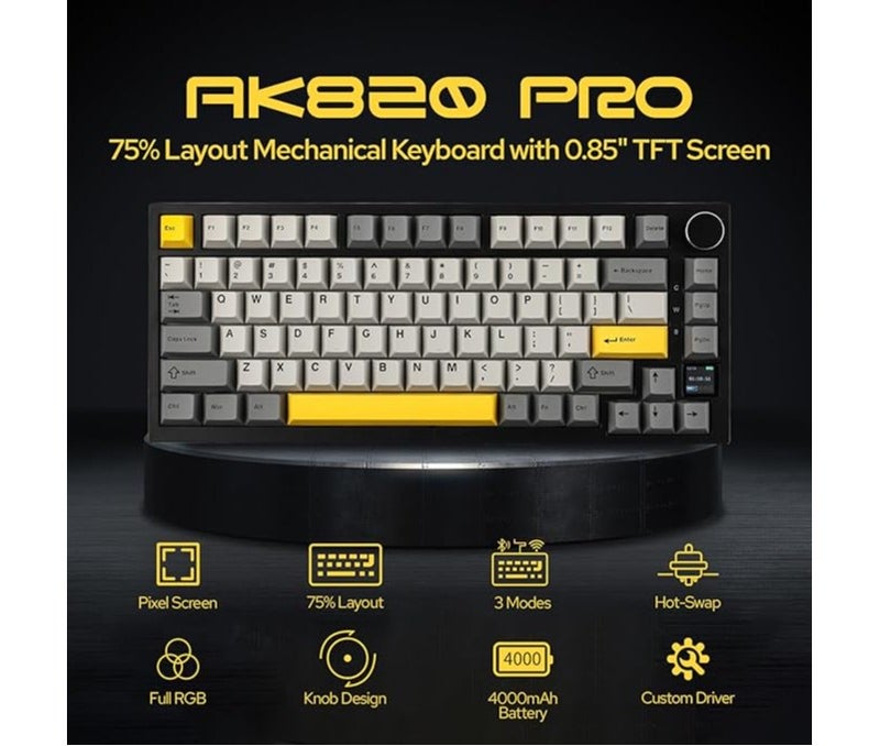 A-jazz Ajazz AK820 Pro 75% Gasket-mounted Mechanical Keyboard with TFT Screen, 3 Modes(Bluetooth 5.1/2.4G Wireless & Type-C Wired), Sound Dampening Foams (Grey, Ajazz Flying Fish Switch) - Image 2