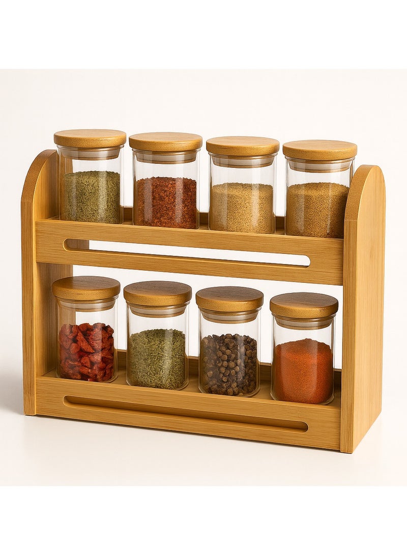 Earss 8 Glass Jars with 2-Tier Wooden Spice Rack – Durable Eco-Friendly Kitchen Organizer – Space-Saving Countertop and Cabinet Spice Jars Set - Image 1