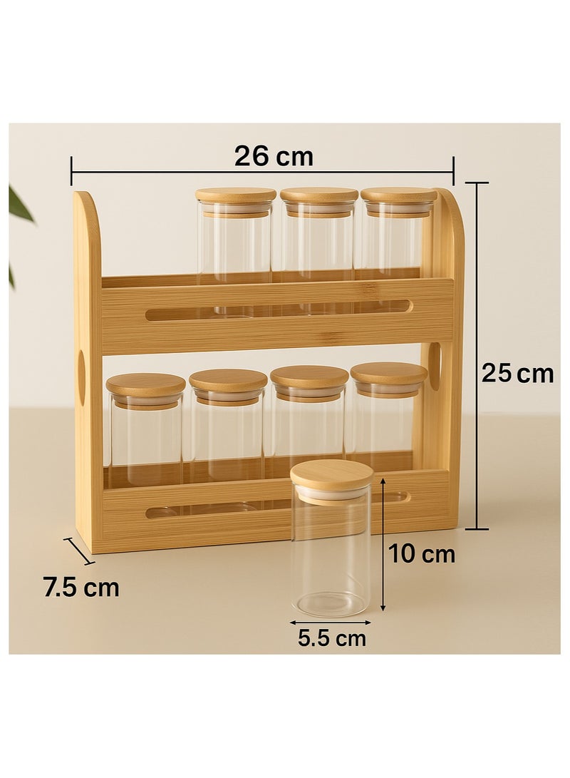 Earss 8 Glass Jars with 2-Tier Wooden Spice Rack – Durable Eco-Friendly Kitchen Organizer – Space-Saving Countertop and Cabinet Spice Jars Set - Image 3