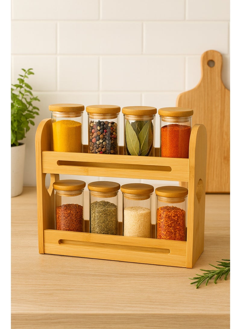 Earss 8 Glass Jars with 2-Tier Wooden Spice Rack – Durable Eco-Friendly Kitchen Organizer – Space-Saving Countertop and Cabinet Spice Jars Set - Image 4