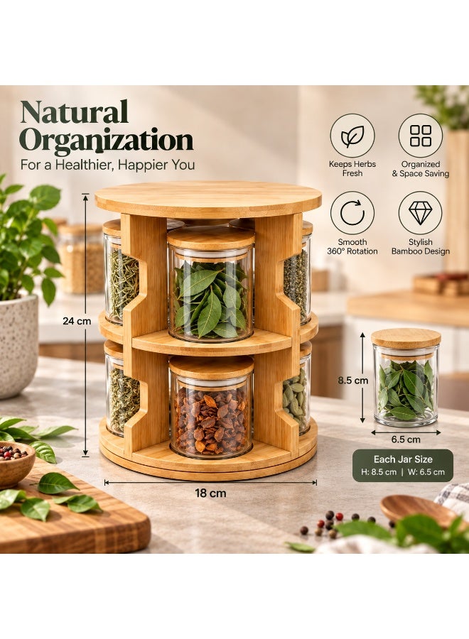 Earss 8 Pcs Round Glass Storage Jars with 2-Tier Wooden Rack, Kitchen Organizer Set with Lids, Space-Saving Countertop Spice Jars for Curry Leaves, Nuts, Candy, Herbs, Dry Fruits and Pantry Storage - Image 4