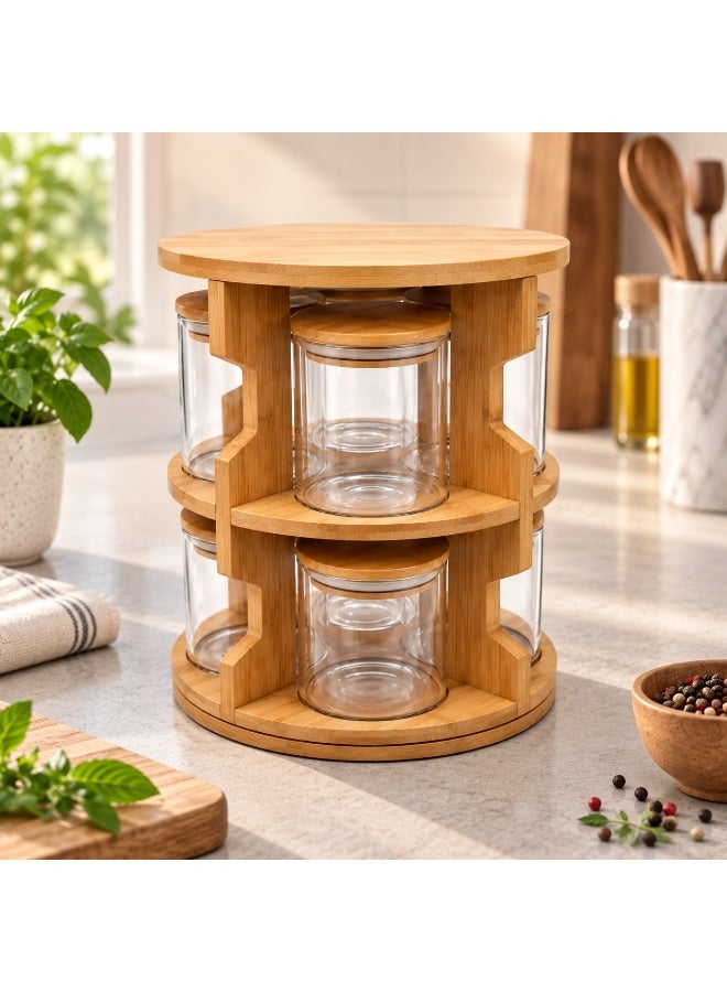Earss 8 Pcs Round Glass Storage Jars with 2-Tier Wooden Rack, Kitchen Organizer Set with Lids, Space-Saving Countertop Spice Jars for Curry Leaves, Nuts, Candy, Herbs, Dry Fruits and Pantry Storage - Image 1