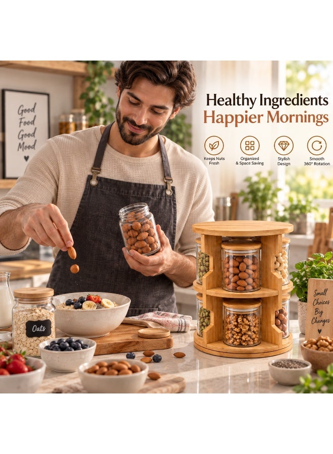 Earss 8 Pcs Round Glass Storage Jars with 2-Tier Wooden Rack, Kitchen Organizer Set with Lids, Space-Saving Countertop Spice Jars for Curry Leaves, Nuts, Candy, Herbs, Dry Fruits and Pantry Storage - Image 5