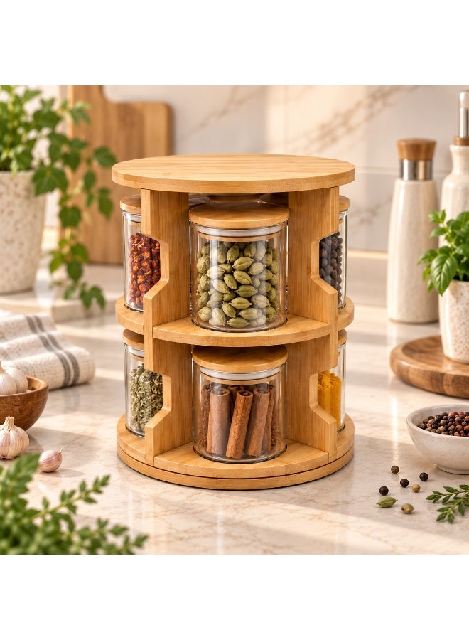 Earss 8 Pcs Round Glass Storage Jars with 2-Tier Wooden Rack, Kitchen Organizer Set with Lids, Space-Saving Countertop Spice Jars for Curry Leaves, Nuts, Candy, Herbs, Dry Fruits and Pantry Storage - Image 2
