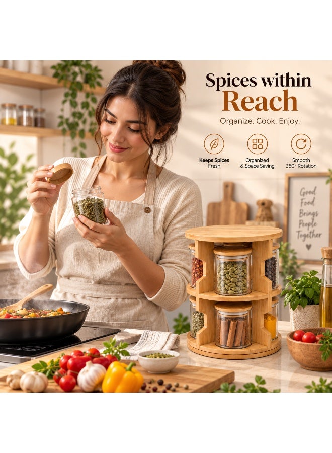 Earss 8 Pcs Round Glass Storage Jars with 2-Tier Wooden Rack, Kitchen Organizer Set with Lids, Space-Saving Countertop Spice Jars for Curry Leaves, Nuts, Candy, Herbs, Dry Fruits and Pantry Storage - Image 3