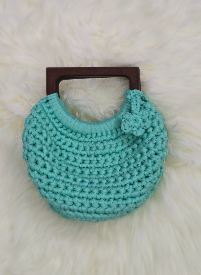 RandSac Aqua Blue Crochet Handbag with Wooden Handle and Flower Detail - Image 1