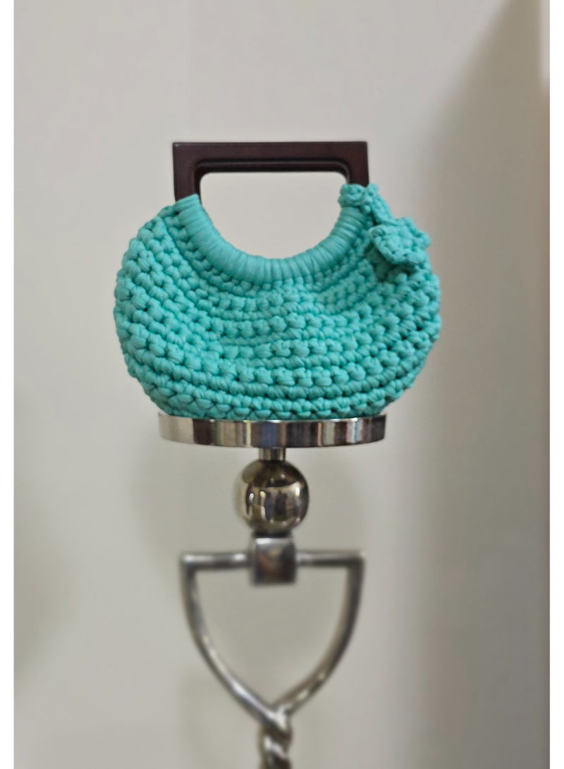 RandSac Aqua Blue Crochet Handbag with Wooden Handle and Flower Detail - Image 2