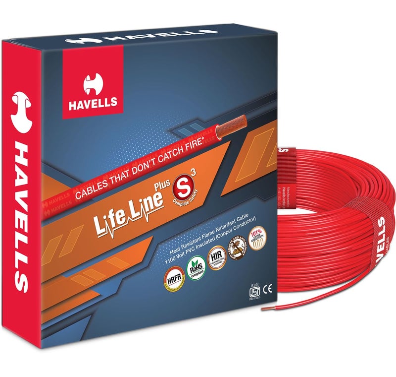 Havells LifeLine+ S3 | 0.75 sq.mm Copper Wire (90m-Red)| Class 2 Conductor (100% Copper), Heat Resistant & Flame Retardant - Ideal for Domestic & Industrial Use (WHFFDNRA1X75) - Image 1