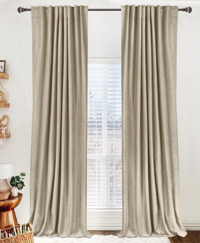 100% Blackout Shield Linen Blackout Curtains for Bedroom 80 Inches Long, Back Tab/Rod Pocket Living Room Drapes, Thermal Insulated Blackout Curtains 2 Panels Set, 50" W x 80" L, Oatmeal - Image 1