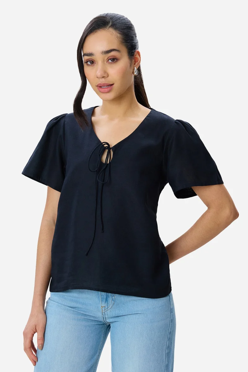 فيرجيو Solid Cotton Puff Sleeve Top for Women