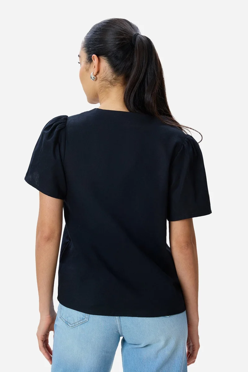 Virgio Black Solid Cotton Puff Sleeve Top for Women for Women | Best Price UAE