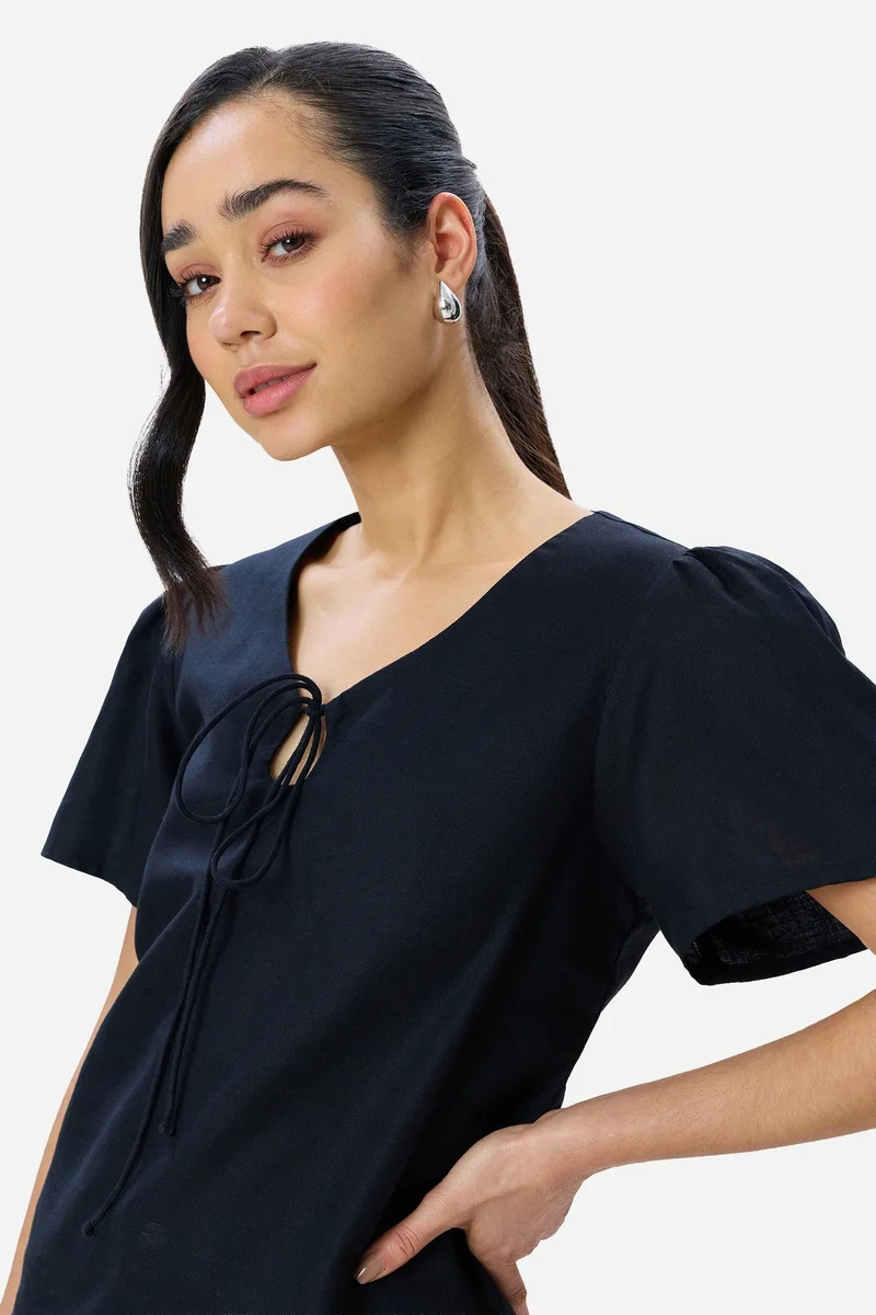Virgio Black Solid Cotton Puff Sleeve Top for Women for Women | Best Price UAE